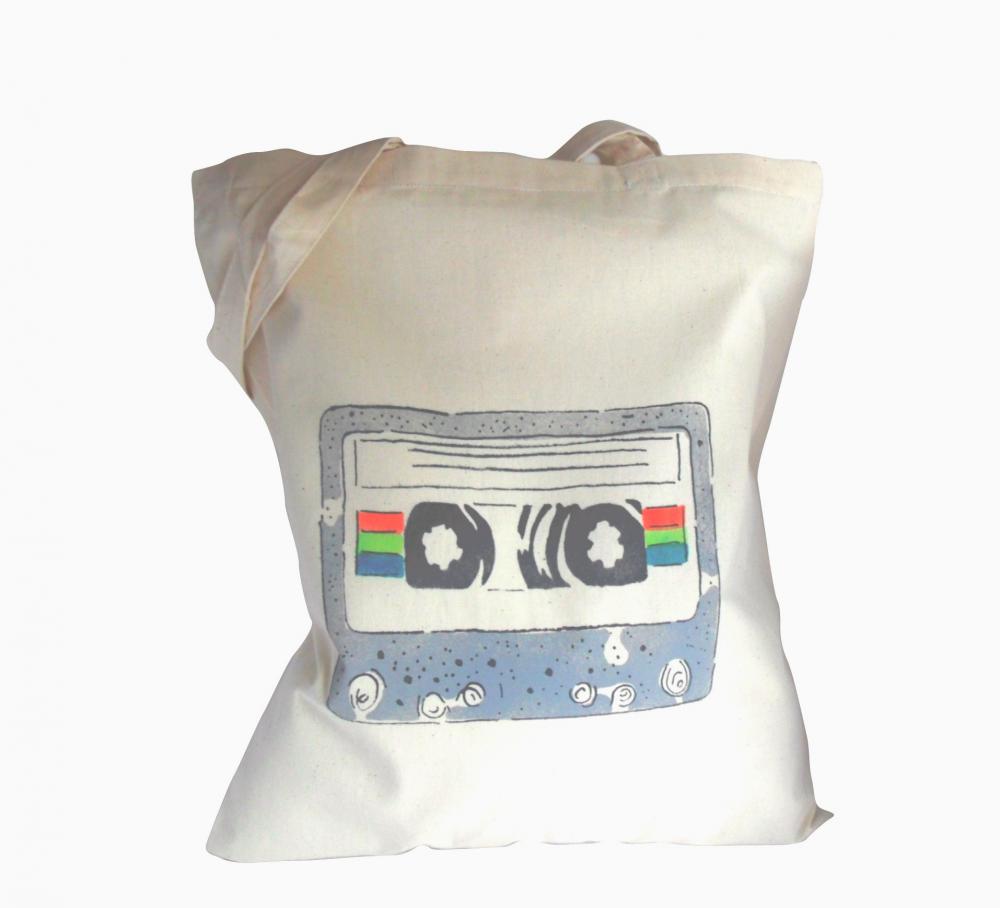 Cassette tape bag cotton hand stencilled print